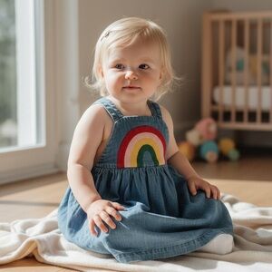 Hanna Anderson Denim Dress with Rainbow Design 12-18M